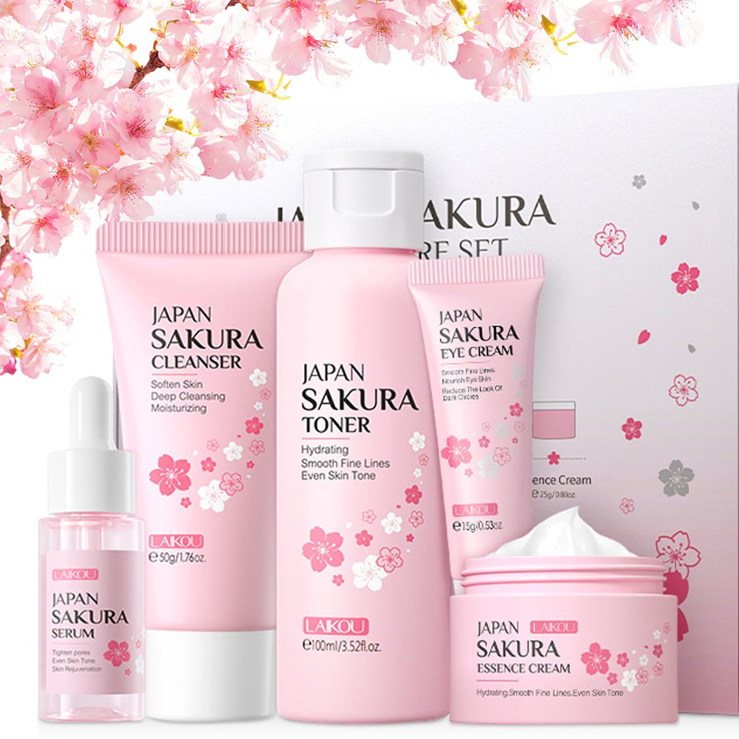 5Pcs Skin Care Set Sakura Women Beauty Gift Sets Korean Skin Care Kit with Cleanser Face Serum Face